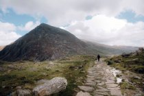 Rückansicht eines nicht wiedererkennbaren Mannes, der an einem bewölkten Tag auf einem Feldweg an einem rauen, grasbewachsenen Hang durch Snowdonia in der britischen Landschaft geht — Stockfoto