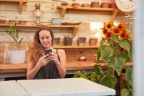 Окаменелая женщина смотрит смартфон, сидя за деревянным столом в теплице и работая — стоковое фото