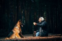 Side view of man sitting in a tree trunk near coniferous trees with domestic dog in sunny day — Stock Photo