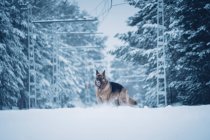 Beautiful domestic hunter dog walking between trees in winter forest — Stock Photo