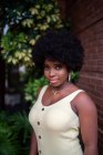Jovem afro cabelos afro modelo feminino afro-americano em vestido e brincos encostados contra parede de tijolo vermelho e olhando para a câmera — Fotografia de Stock