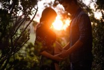 Seitenansicht eines glücklichen jungen Paares, das ein Baby erwartet, das von Angesicht zu Angesicht steht und den Bauch gegen das Sonnenuntergangslicht im grünen Wald berührt — Stockfoto