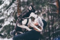 Side view of domestic dog with lead licking face of young lady on snow between trees in winter forest — Stock Photo