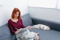 Молодая босиком женщина с рыжими волосами просматривает интернет на планшете, сидя с котом на диване дома — стоковое фото