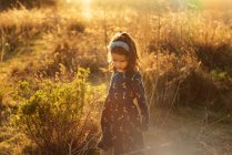 Высокий угол обаятельной маленькой девочки в платье, стоящей среди высокой травы в поле под солнцем, проводя лето в сельской местности — стоковое фото
