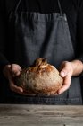 Неузнаваемый повар в фартуке, стоящий с куском свежеиспеченного хлеба — стоковое фото