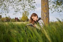 Vista lateral de la chica adolescente encantada sentada en el prado y dibujando en cuaderno de bocetos mientras disfruta de un día soleado en el campo apoyado en el tronco del árbol - foto de stock