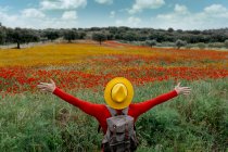 Back view unrecognizable stylish male in red clothes and yellow hat outstretching arms and standing in lush blossoming field in peaceful nature — Stock Photo