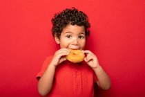 Adorable enfant aux cheveux bouclés mangeant un beignet doux et savoureux et regardant la caméra sur fond rouge — Photo de stock