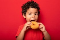 Entzückendes Kind mit lockigem Haar isst süßen leckeren Donut und schaut in die Kamera auf rotem Hintergrund — Stockfoto