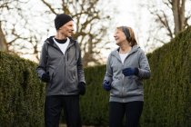 Coppie sorridenti anziane che indossano abbigliamento sportivo e guanti e fanno jogging tra cespugli verdi nel parco durante l'allenamento di fitness — Foto stock