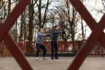 Vista dalla recinzione in legno della vecchia coppia positiva che si riscalda prima dell'allenamento nel parco con alberi senza foglie — Foto stock