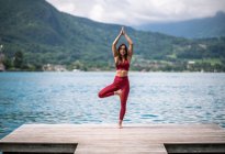 Mulher flexível em sportswear praticando ioga enquanto está em pé em Vrksasana com braços levantados no cais perto do lago olhando para a câmera — Fotografia de Stock