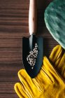 Top view of colorful gardening gloves on wooden table with small shovel of tiny gravel in daylight — Stock Photo