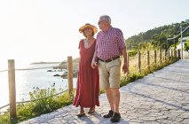 Full body of loving old couple holding hands while strolling on paved waterfront and enjoying sea — Stock Photo