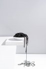 Minimalist studio with black squid ink spaghetti falling out from full ceramic bowl on white table — Stock Photo