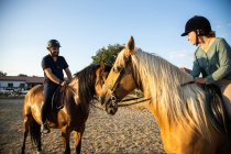 Female with male trainer riding stallions in countryside on sunny day — Stock Photo