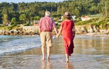 Vista posteriore di coppia anziana a piedi nudi irriconoscibile in occhiali da sole in piedi sulla spiaggia di sabbia bagnata e godendo di una giornata di sole — Foto stock