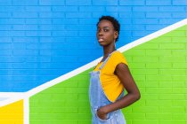 Vista lateral de la joven mujer afroamericana de pie en la pared brillante colorido - foto de stock
