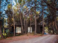 Casa de campo contemporânea com exterior de madeira e espaçoso terraço localizado na floresta à noite de verão — Fotografia de Stock