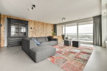 Серый диван размещен на красочном ковре в гостиной с деревянными стенами и панорамными окнами в современной квартире — стоковое фото