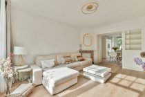 Інтер'єр просторої вітальні зі зручним диваном з подушками і стильними елементами в сучасній квартирі в сонячний день — стокове фото