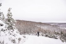 Вид збоку на невпізнаваного пішохода у верхньому одязі, що стоїть на сніжному схилі пагорба проти листяних дерев у сільській місцевості вдень, фотографуючи пейзаж з мобільним телефоном — стокове фото