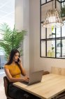 Freelancer feminino sério sentado à mesa de madeira no café e ter telefonema enquanto digita no netbook — Fotografia de Stock