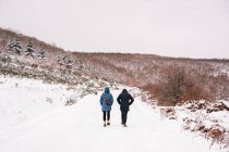 Back view of unrecognizable travelers in warm outerwear walking on pathway covered with snow against hills with leafless forest under cloudy sky in daylight — Stock Photo