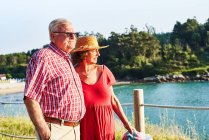 Старшая пара, стоящая рядом друг с другом, глядя в сторону и наслаждаясь видом на море в солнечный день — стоковое фото