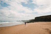 Turista femenina parada cerca de olas marinas espumosas en la playa de arena húmeda contra acantilados rocosos y cielo azul nublado durante las vacaciones de verano en Cantabria, España - foto de stock