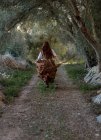 Back view of unrecognizable witch in dress and with broomstick running along path in autumn forest — Stock Photo