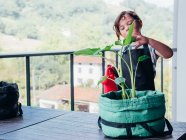Орієнтована маленька дівчинка в чорному фартусі стоїть і поливає зелену рослину в горщику на балконі проти зеленого пагорба вдень — стокове фото