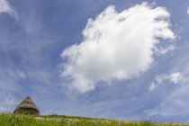 Небольшой дом с обшарпанными каменными стенами и соломенной крышей, расположенный на зеленом холме под голубым облачным небом в Сальенсии Сомбедо в Испании — стоковое фото