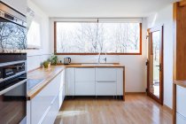 Canto da cozinha elegante com paredes brancas e de tijolo, piso de madeira, bancadas de madeira — Fotografia de Stock