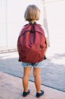 Задний вид неузнаваемого школьника с рюкзаком, стоящим на тротуаре при солнечном свете — стоковое фото