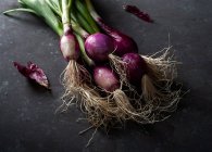 Dall'alto di cipolle viola mature fresche con gambi verdi disposti su tavolo nero — Foto stock