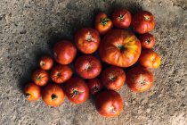Nahaufnahme von einem Stapel roter Tomaten auf dem Boden — Stockfoto
