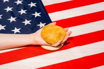 Cultivo irreconocible persona con mitades de pan de sésamo en la bandera de EE.UU. con adorno de estrellas y rayas en el Día de la Independencia - foto de stock