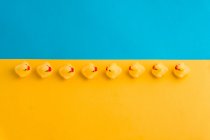 From above set of cute rubber ducklings toys in a row placed on bright blue and yellow background — Stock Photo