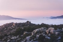 Vista panorámica de Pedriza con niebla que se difunde entre la cordillera de Guadarrama y rocas con coníferas al amanecer en España - foto de stock