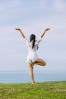 Visão traseira da fêmea descalça anônima realizando pose Vrikshasana com braços estendidos durante a prática de ioga na costa da grama contra o oceano — Fotografia de Stock
