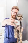 Médico veterinario masculino positivo tomando autorretrato con Yorkshire Terrier lamiendo mejilla en clínica veterinaria - foto de stock