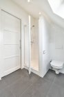Креативний дизайн ванної кімнати з унітазом проти душової кімнати і дверей в будинку з сірою керамічною підлогою — стокове фото