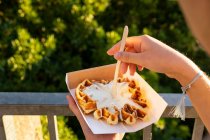 Cropped unrecognizable person eating tasty Belgian waffles with whipped cream in takeaway box against mounts in back lit — Stock Photo
