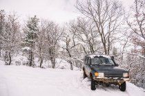Rusty velho off road carro na neve entre árvores sem folhas crescendo na floresta de inverno — Fotografia de Stock