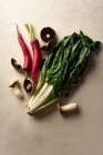 Organic vegetables and mushrooms on beige background. Top view with healthy greens and red winter daikon. New ingredients in healthy food routine. — Stock Photo