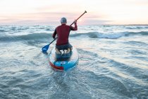 Vue arrière d'un surfeur masculin méconnaissable en combinaison et chapeau sur planche à pagaie surfant sur le bord de la mer — Photo de stock