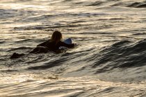 Rückenansicht einer jungen Frau mit Surfbrett im Meer bei Sonnenuntergang am Strand in Asturien, Spanien — Stockfoto