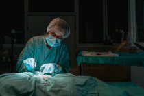 Ветеринар в стерильных перчатках с хирургическим пинцетом и ножницами, оперирующий анонимное животное в больнице — стоковое фото